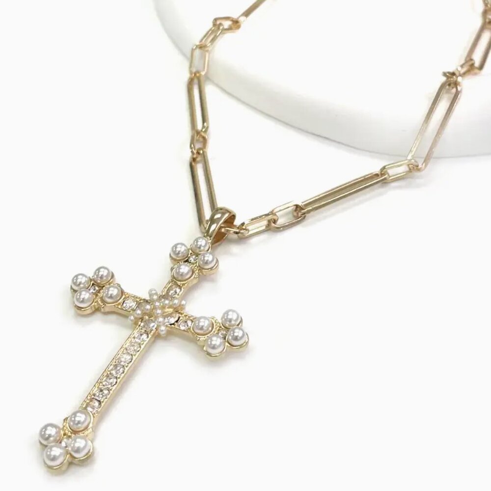 Large Cross Pearl and Stone Pendant Paperclip Necklace